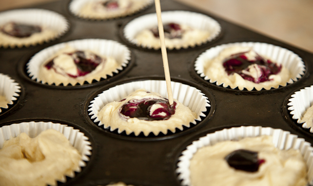 use a cocktail stick to gently swirl the jam into the batter.